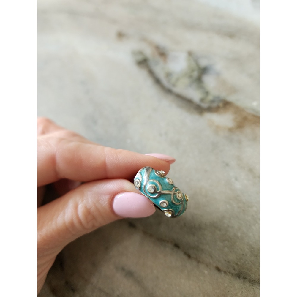 Y2K Turquoise Swirl‎ Statement Ring Silver Tone Rhinestone Rubber Band Size 6.5